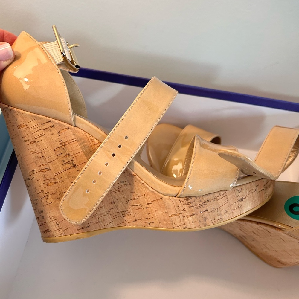 Stuart Weitzman Beige Patent Wedge Sandals